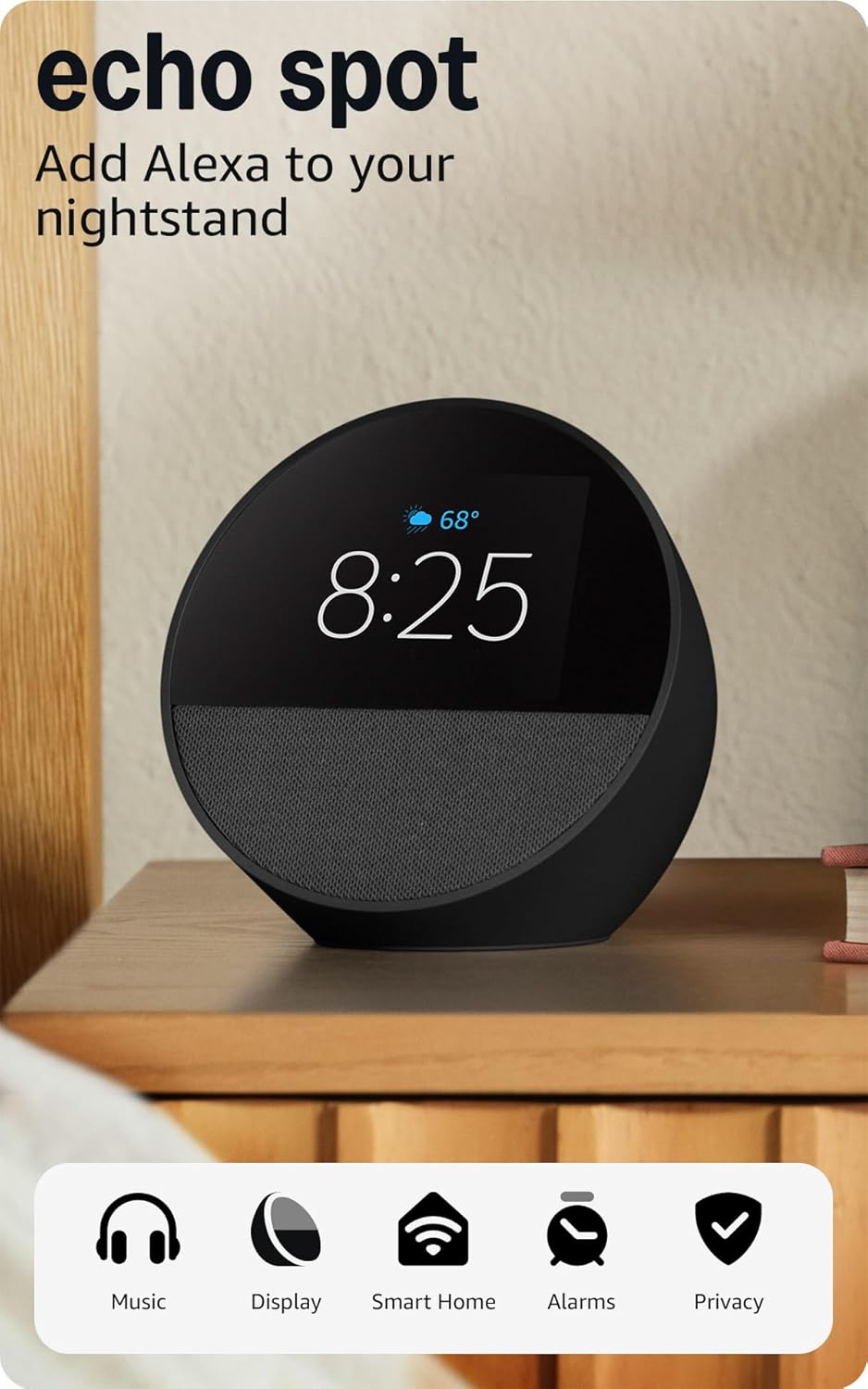 Amazon Echo Spot (newest model), Great for nightstands, offices and kitchens